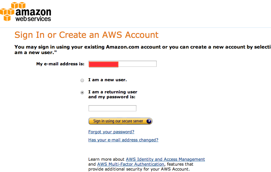 Screen shot of userid and password request for AWS account root id
